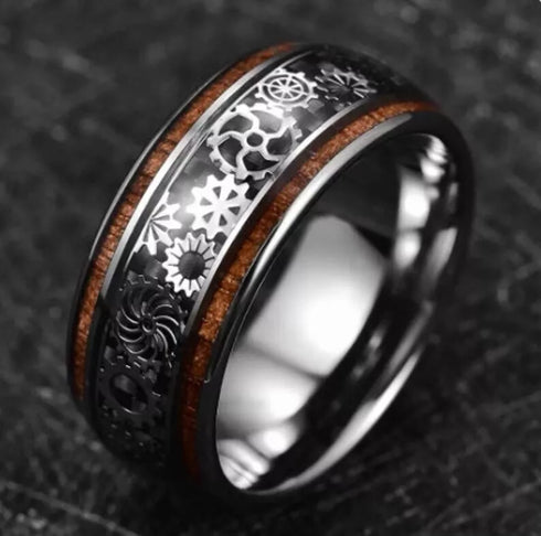 Men's 10mm Tungsten Clockwork Gears Koa Wood Inlay Engagement Wedding Band